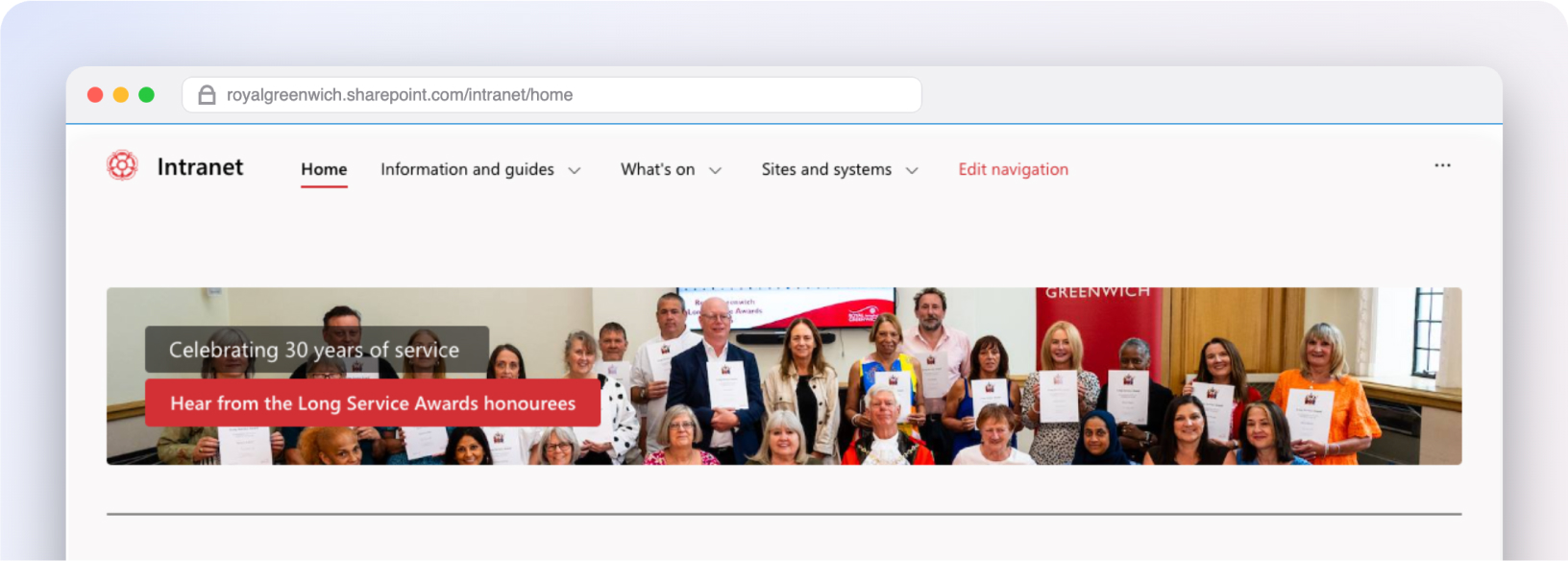 The new Royal Borough of Greenwich intranet homepage shown in a browser window, with a banner celebrating 30 years of service