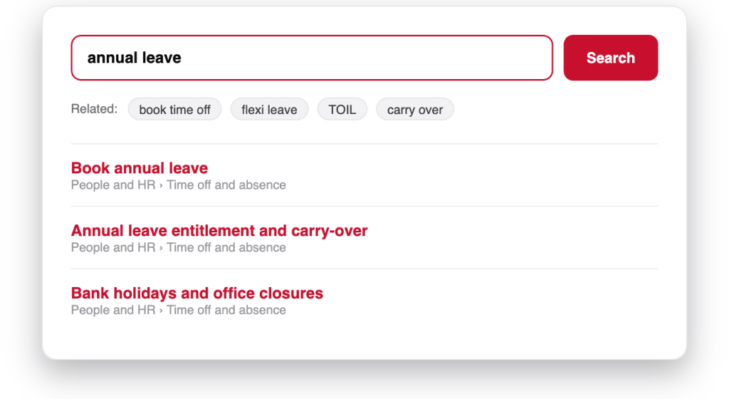 Search results for annual leave showing related terms and clearly labelled results