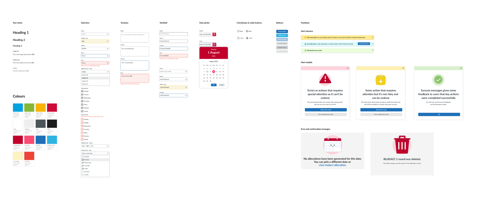The component library: status colours, buttons, cards and form patterns designed for outdoor use