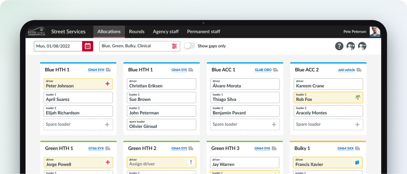 The street services allocation dashboard showing crews, rounds and vehicle assignments