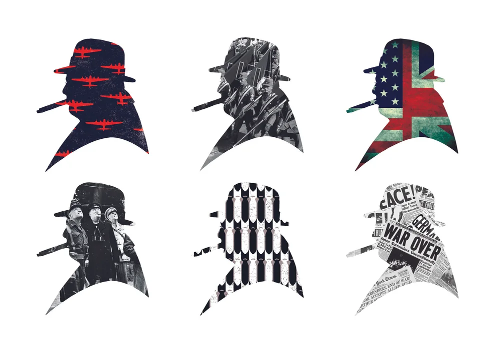 Six silhouette concepts of Winston Churchill, each filled with a different Second World War motif: bombers, marching soldiers, allied flags, commanders, bombs and victory newspaper headlines