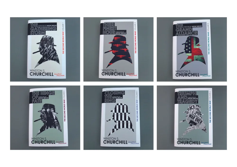 All six printed volumes of Churchill's Second World War memoirs, each cover carrying its own silhouette artwork